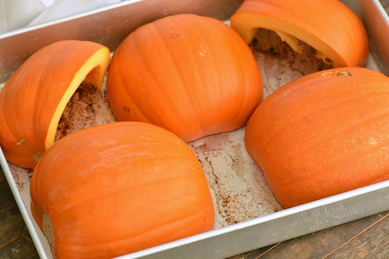 sugar pumpkin halves skin side up in the metal baking pan. 