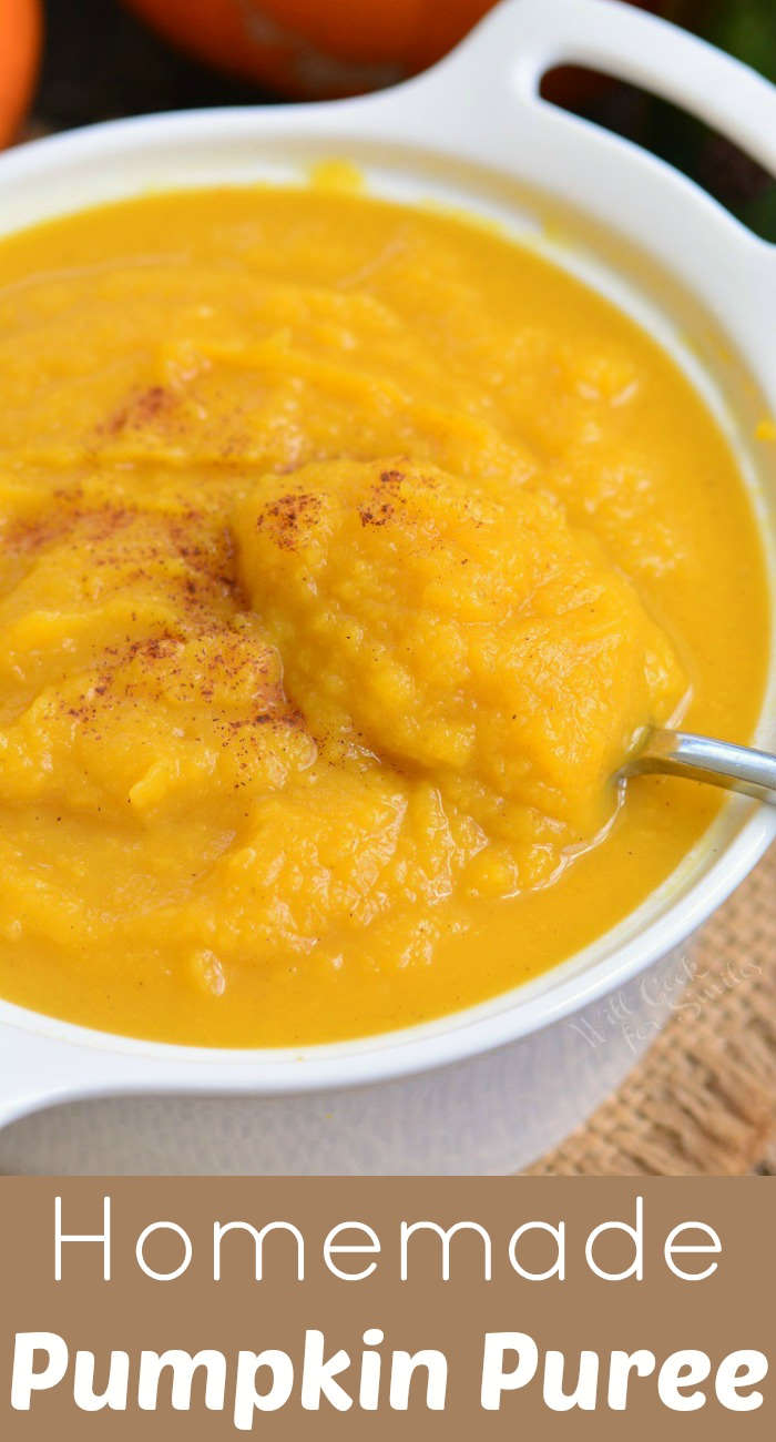 title image of close up Pumpkin puree in a bowl with a spoon and recipe title on the bottom