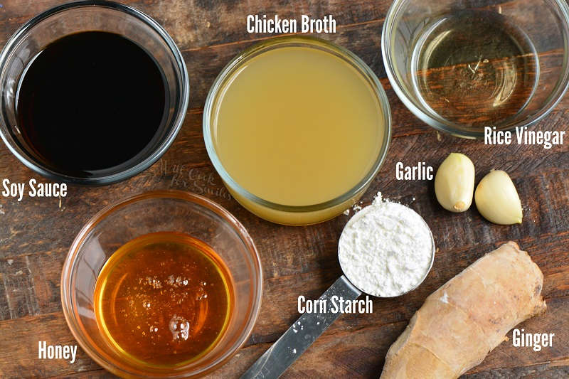 ingredients for teriyaki sauce on a wood table 