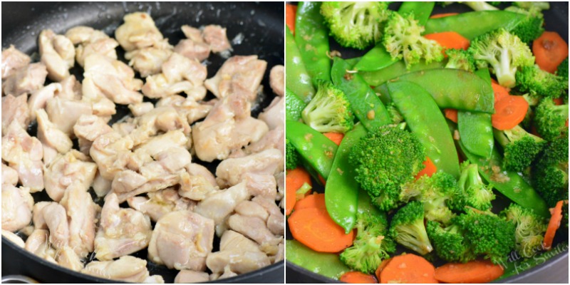 saute chicken and vegetables in a pan 