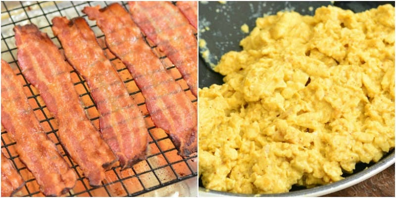 bacon on a cooling wrack and eggs in a pan 