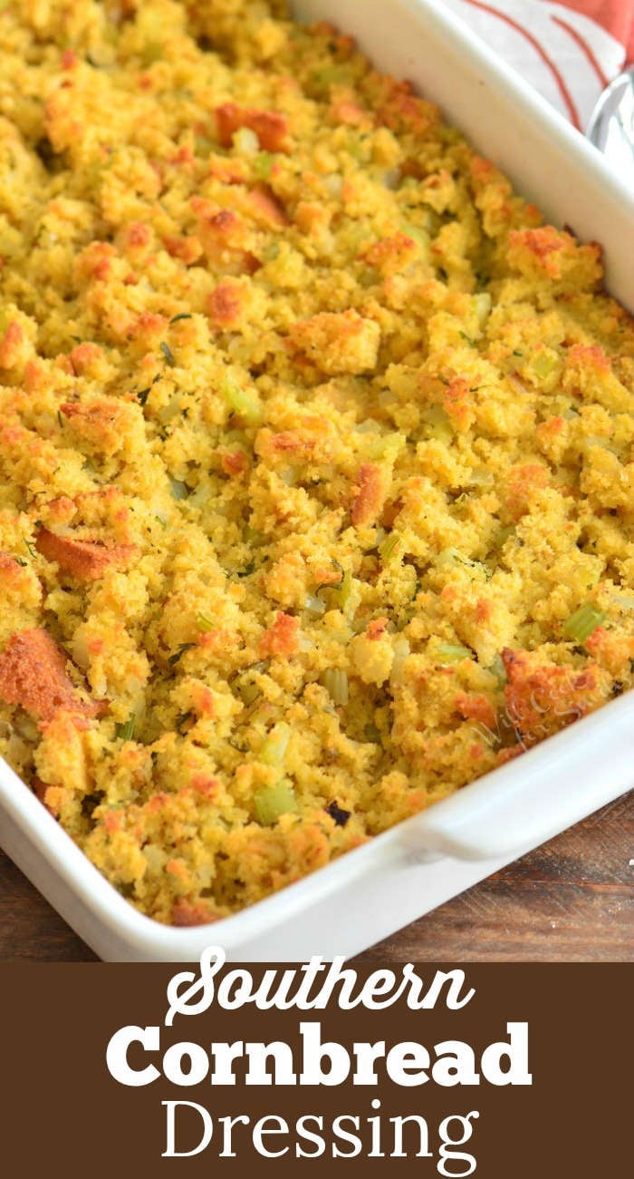 closeup of cornbread dressing in the baking dish with title