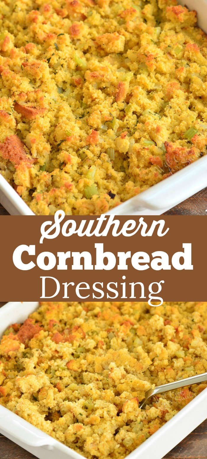 collage of two closeup images of cornbread dressing in a baking dish