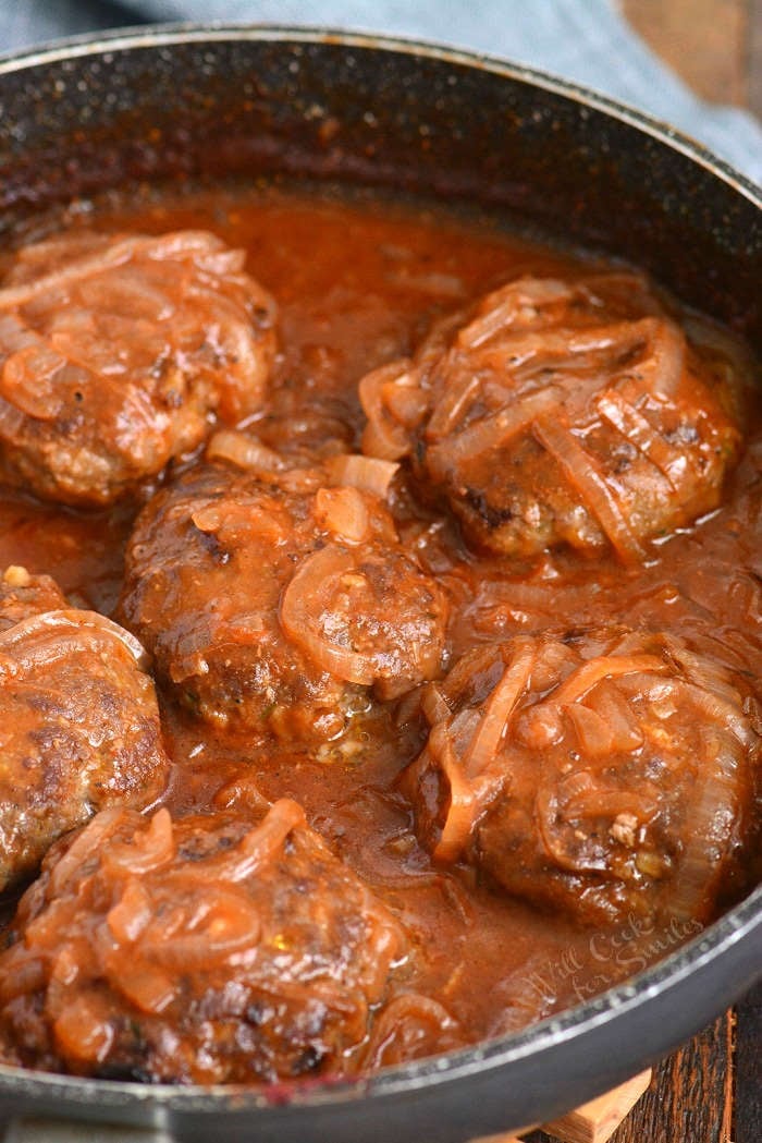 French onion salisbury steaks in the pan