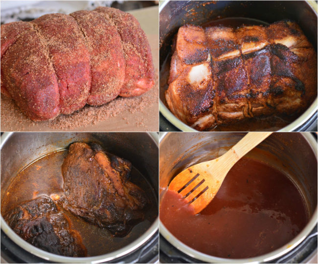how to make pulled pork in instant pot collage 1 picture, putting seasoning on pork. 2nd and 3rd picture cooked pork, 4th picture making bbq sauce in the instant pot with a wooden spoon 