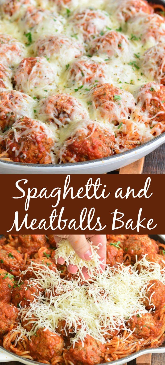 spaghetti and meatballs in a pan collage 