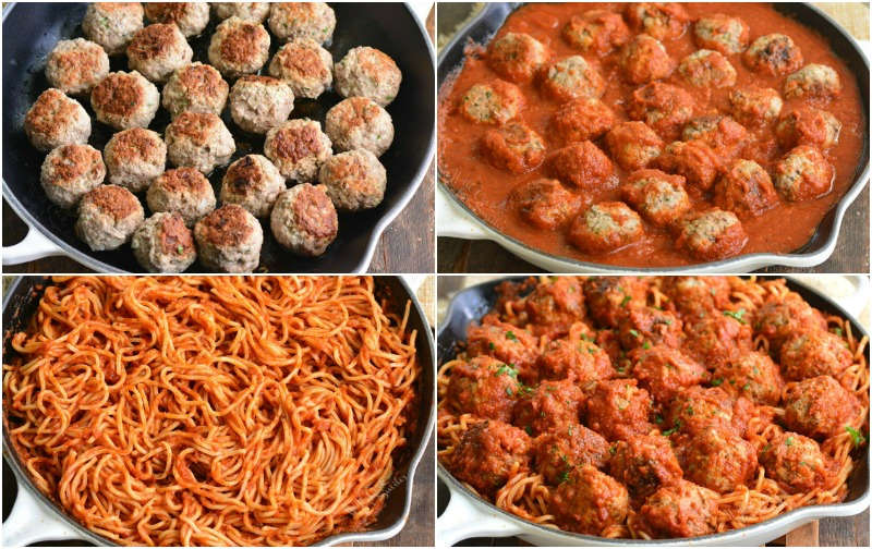 collage of cooking meatballs and spaghetti in a pan 