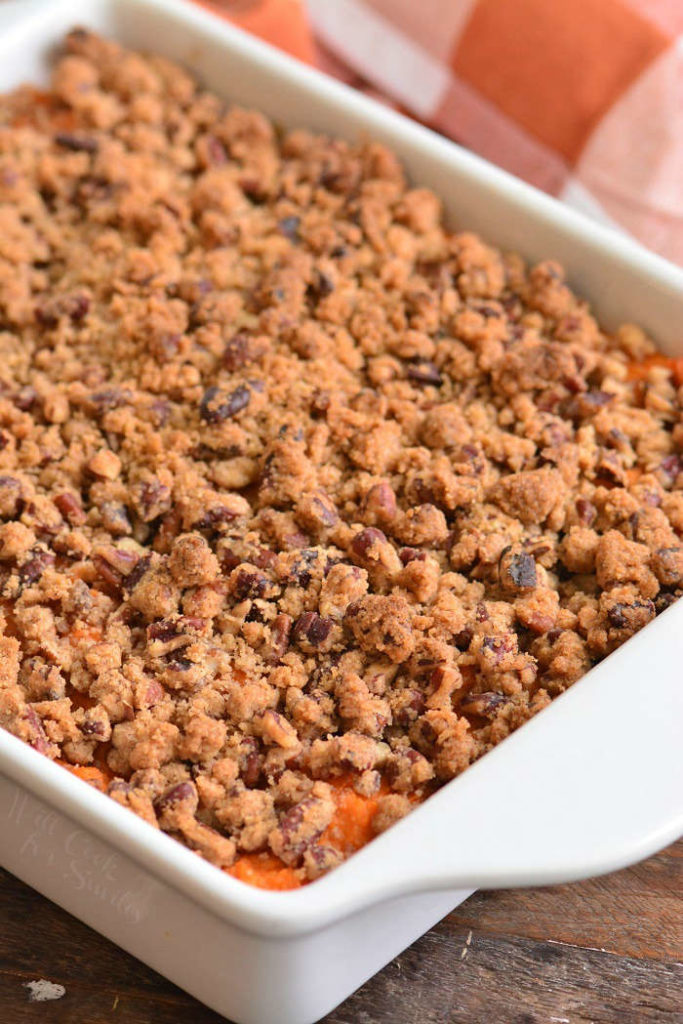 top view of baked sweet potato casserole.