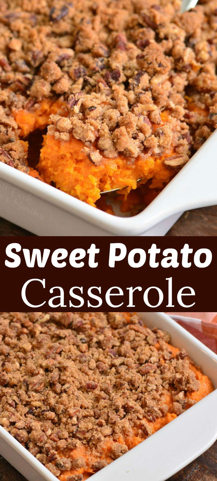 collage of two images of sweet potato casserole with title.