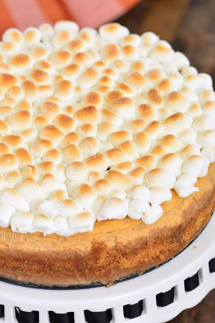 sweet potato cheesecake on a cake stand 