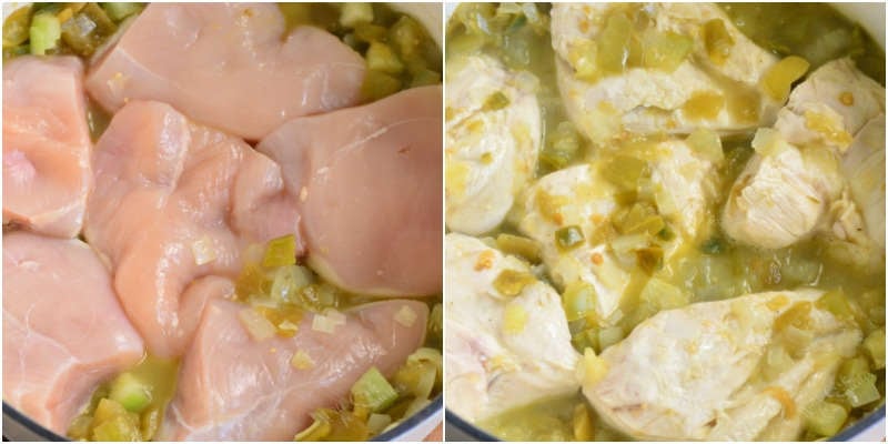 side by side photo first of uncooked chicken in vegetables next of cooked chicken in vegetables 