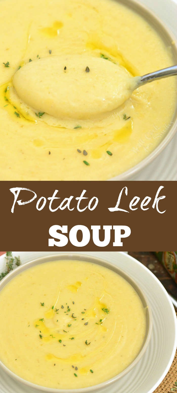 potato leek soup collage of soup in a bowl 