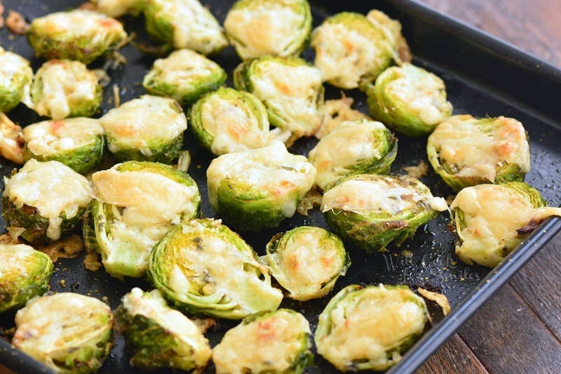 Parmesan roasted bussels sprouts on a baking sheet 