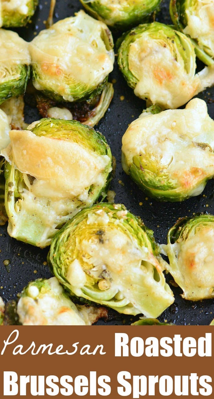 roasted brussels sprouts on a baking sheet