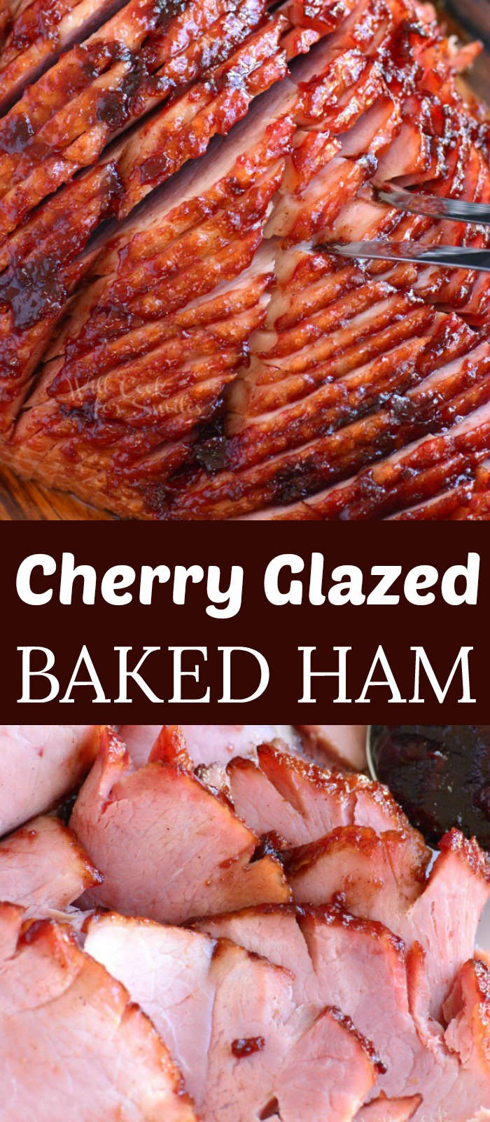 collage of closeup baked ham with cherry glaze and sliced ham. 