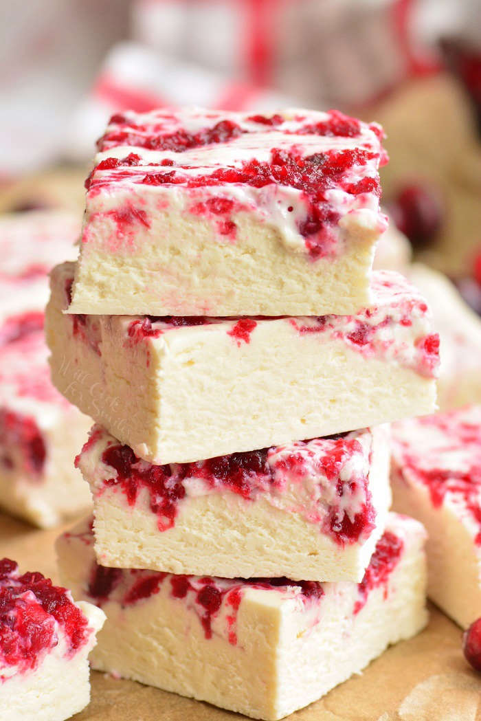 stack of cranberry white chocolate fudge