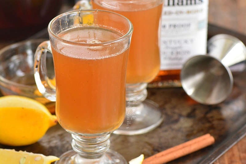 closeup of hot toddy light brown cocktail.