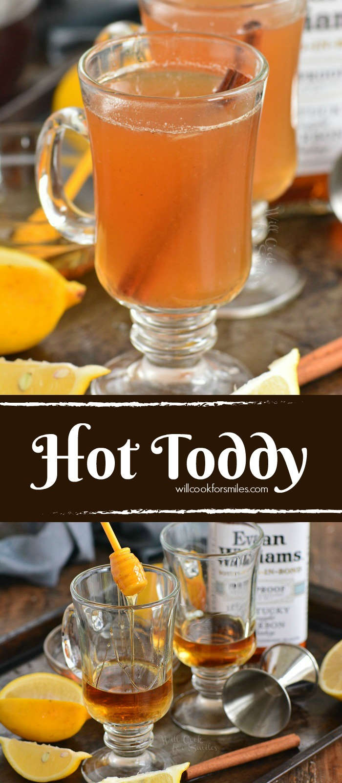 collage of two images of hot toddy and pouring into glass.