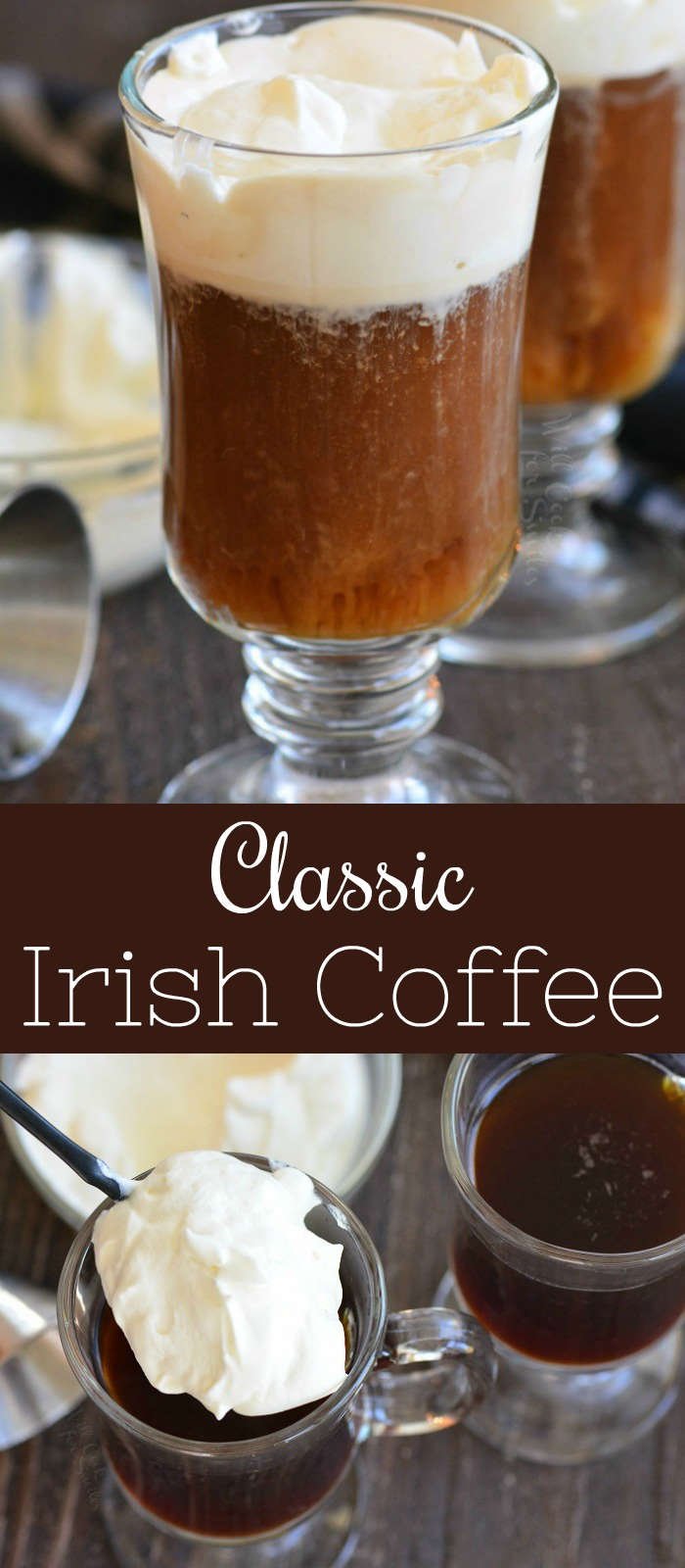 collage of Irish coffee up close and adding whipped cream.