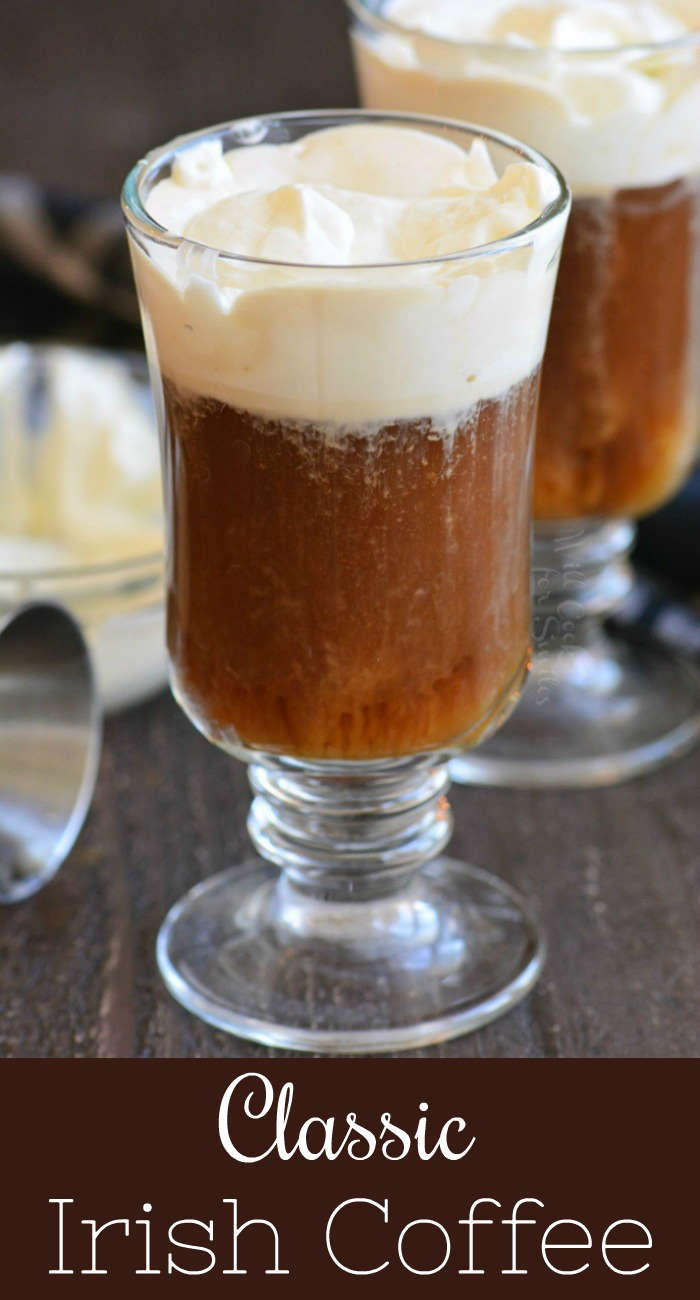 Classic Irish coffee cocktail in glass mug and title.