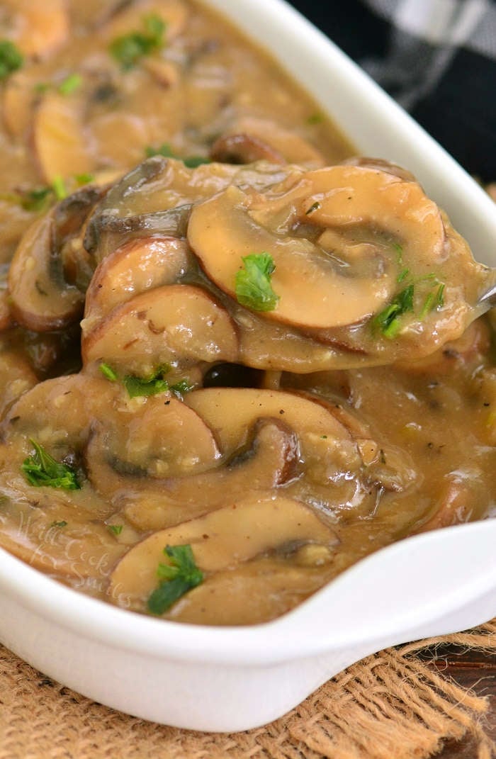 mushroom gravy in a bowl