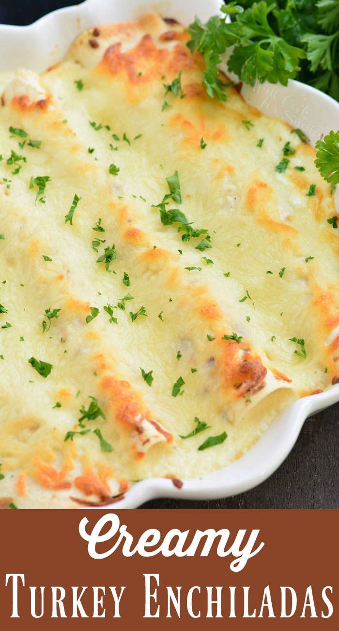 turkey enchiladas in a casserole dish 