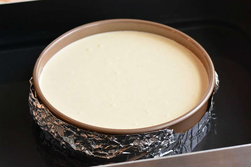 eggnog cheesecake in a water bath