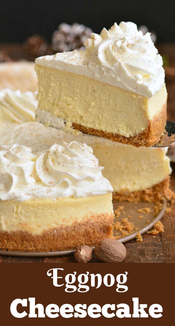 eggnog cheesecake with a slice being lifted out 
