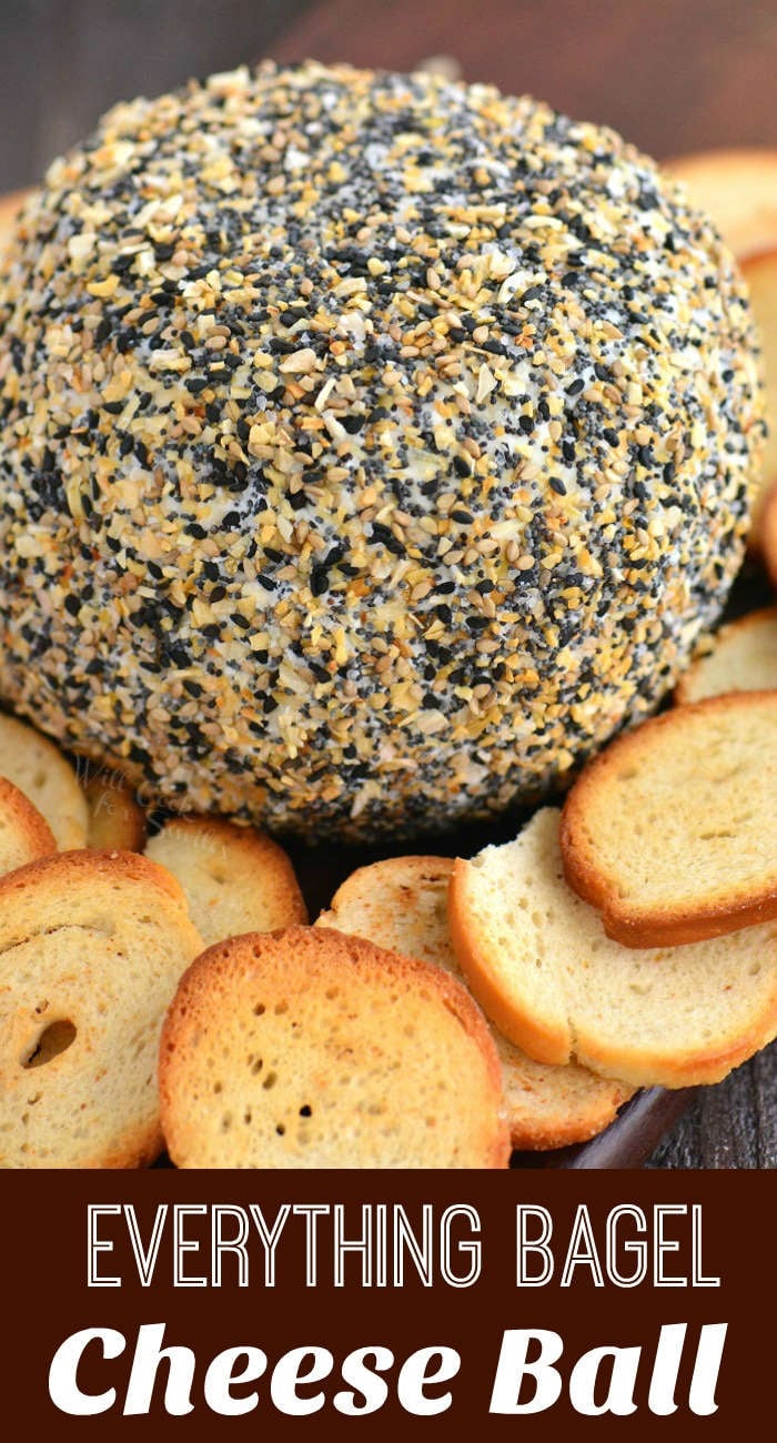 everything bagel cheese ball with bagel chips 