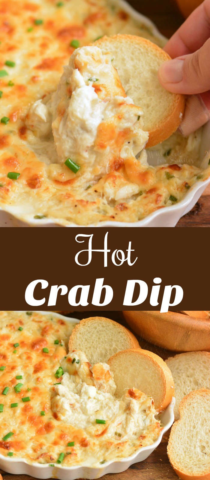 collage of two images closeup on dipping into crab dip and title