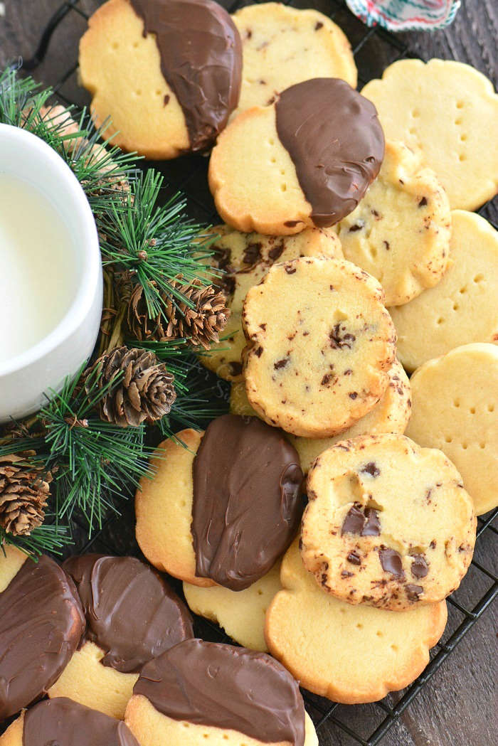 shortbread cookies with chocolate on a wood table