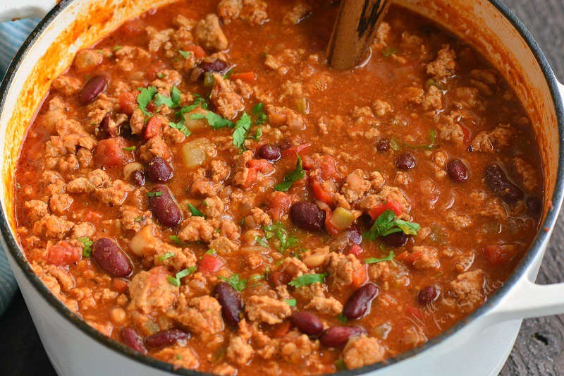 turkey chili in a pot, horizontal