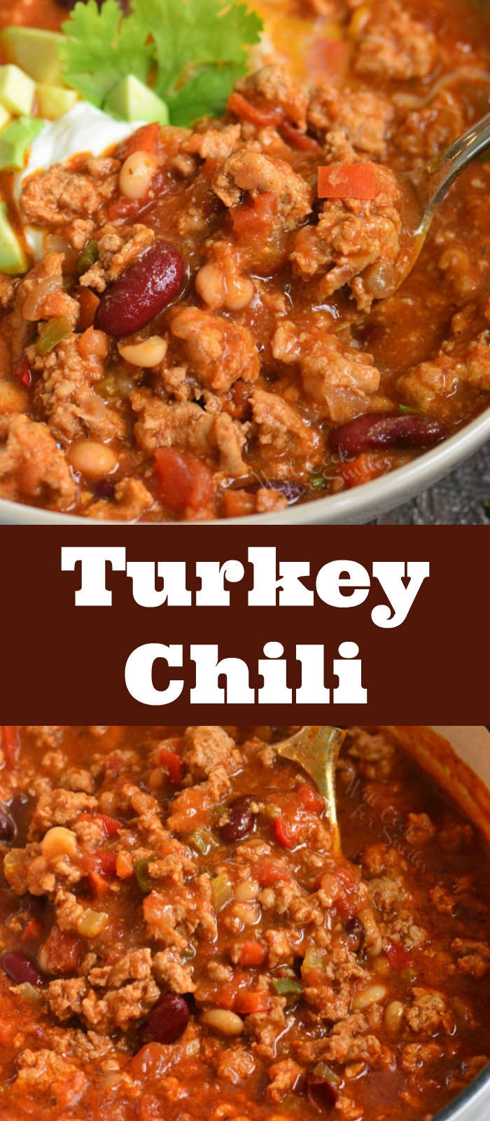 collage of two images: closeup spooning turkey chili out of a bowl and scooping out chili from a pot