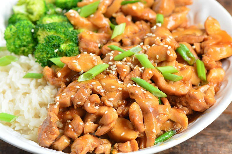 horizontal image of chicken teriyaki in a bowl