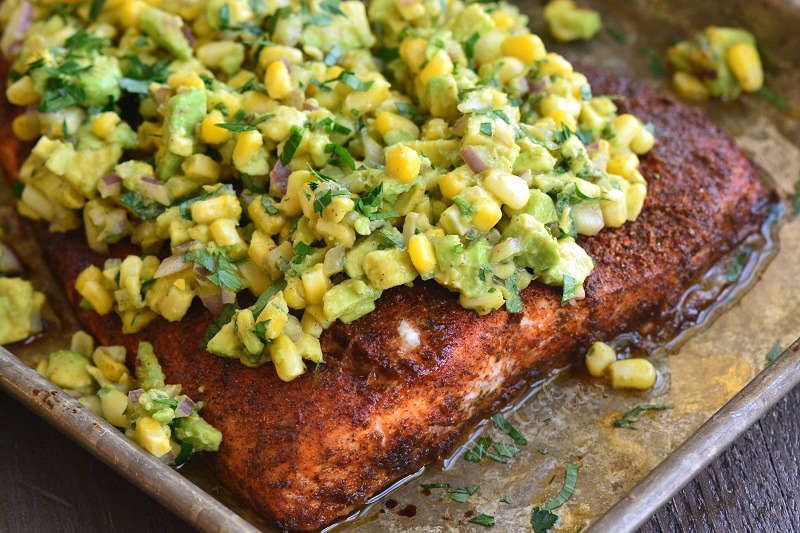 baked salmon horizontal on a baking sheet 