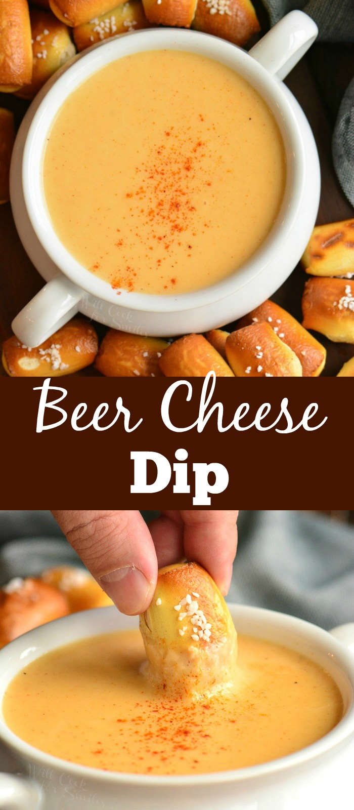 Beer cheese dip in a bowl surrounded by pretzel bites and bottom picture is pretzel being dipped in cheese 