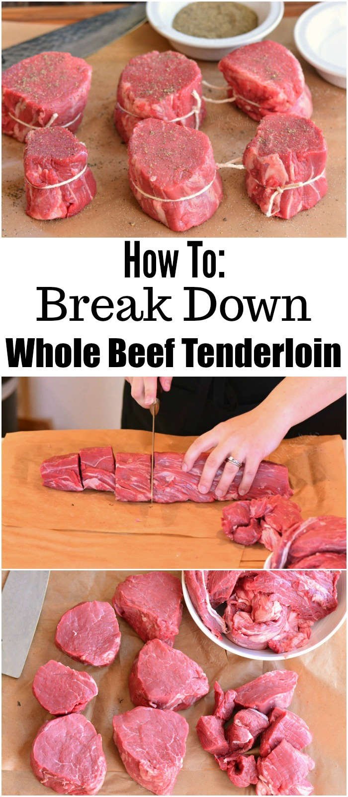 collage of breaking down tenderloin into steaks