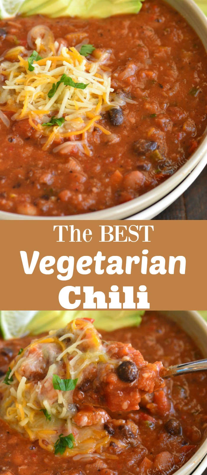 collage of two closeup images of vegetable chili in a bowl.