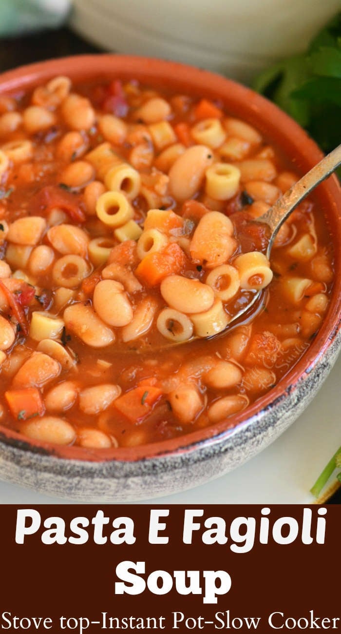 pasta e fagioli soup in a bowl with a spoon 