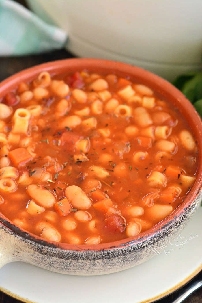 pasta e fagioli soup in a bowl close-up