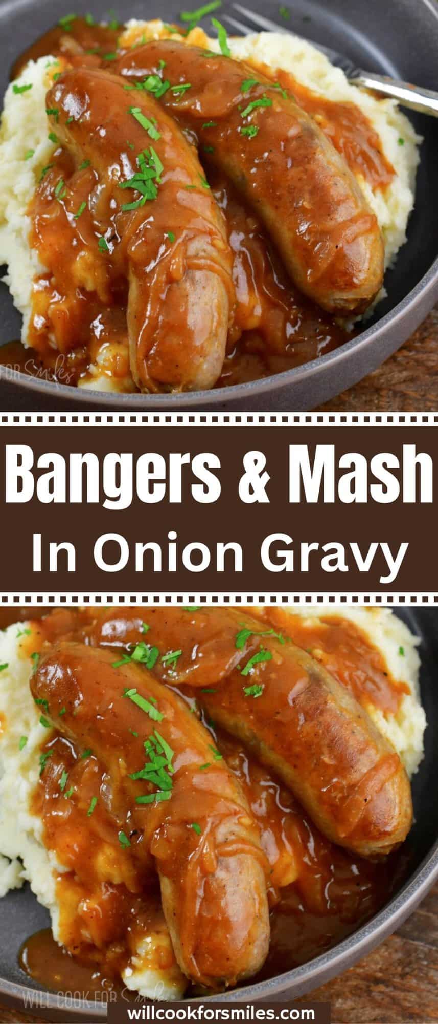 collage of two images of bangers and mash with title.