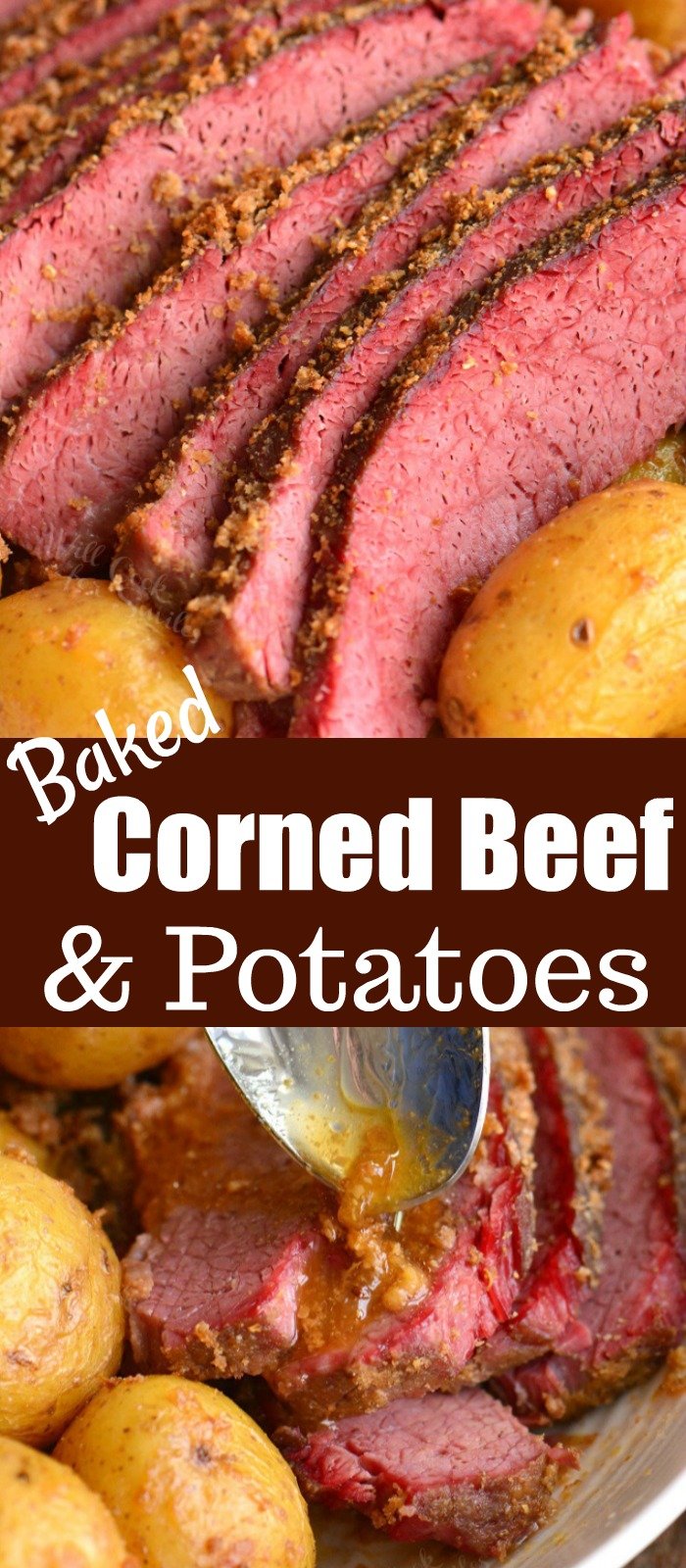 long picture collage of ready beef and potatoes