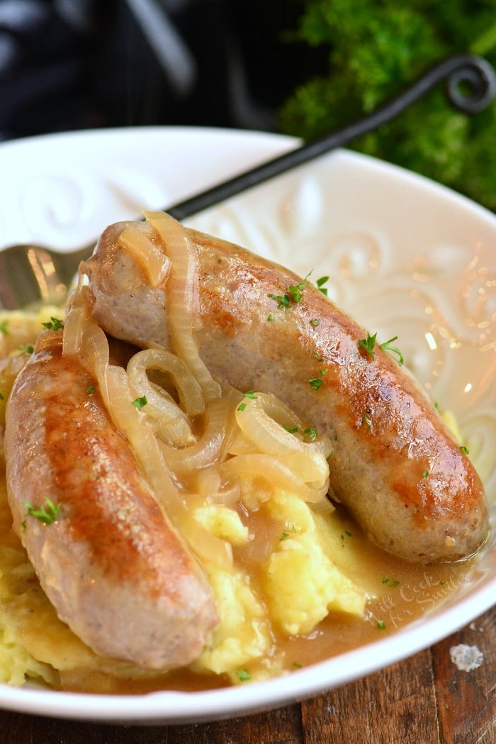 sausage over potatoes and gravy