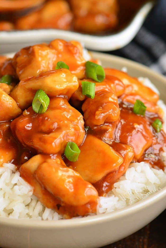 bourbon chicken in a bowl