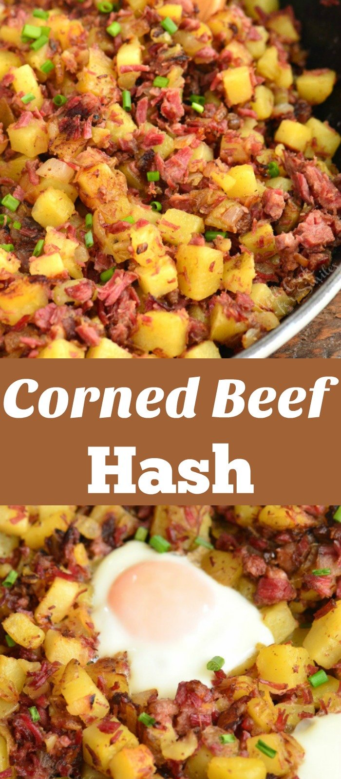 collage of two images on of corned beef hash and with eggs. 