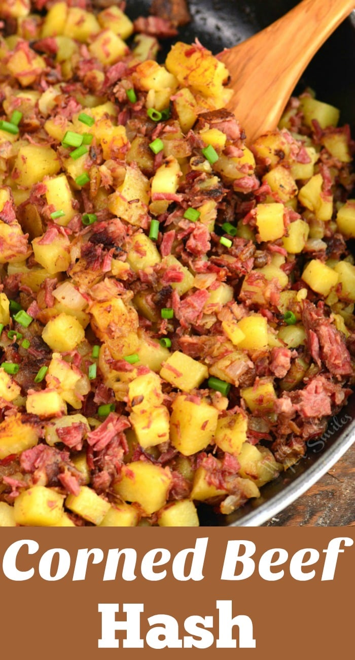 closeup of scooping out corned beef hash and title.