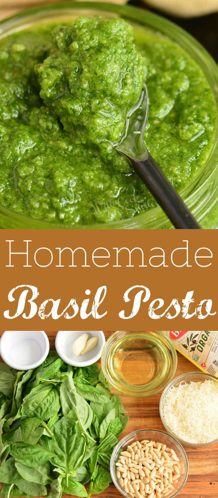 collage of two images on basil pesto and title.