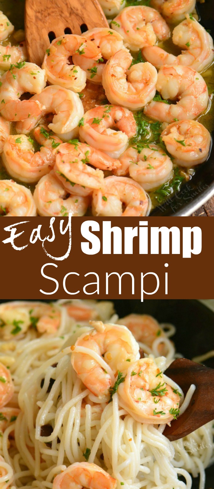 long picture collage of shrimp scampi in a pan 