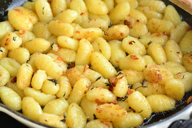 gnocchi in the pan with butter garlic and thyme