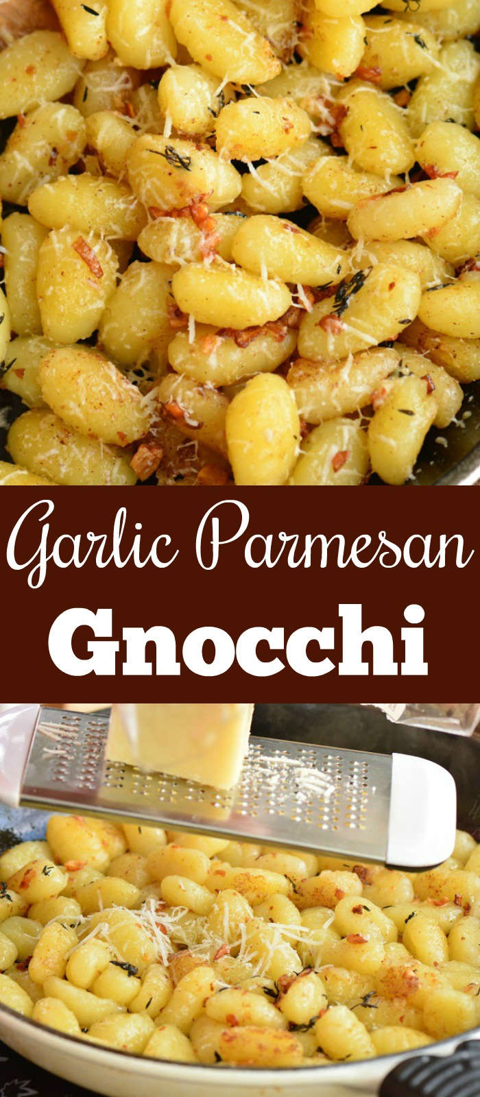 long collage of cooked gnocchi and grating cheese over gnocchi